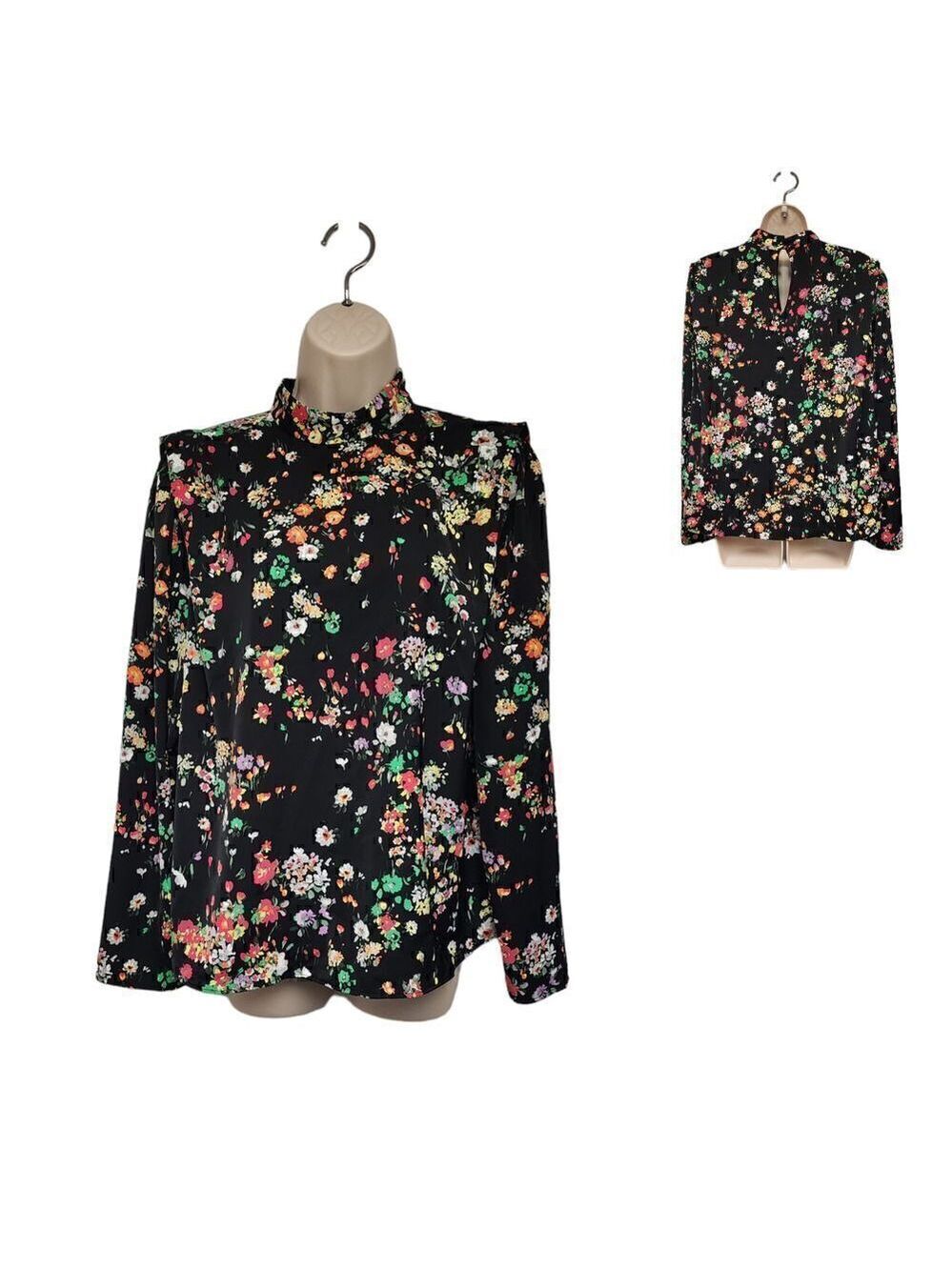 H&M Defined Shoulder Crew-Neck Long Sleeve Multicolor Black Floral Blouse Size L
